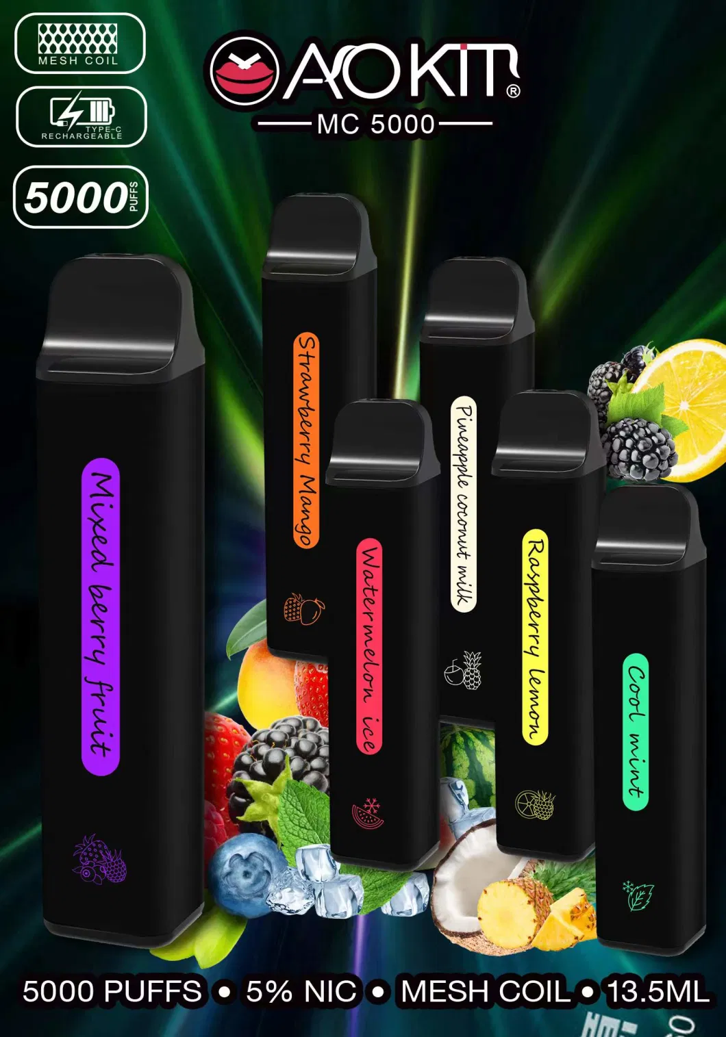 E-Pipe 5000 Puff 2023 New Rechargeable Vape Original Factory Aokit Mc 5000 Puff Disposable Electronic Cigarette Wholesale Vaporizer Pot OEM/ODM