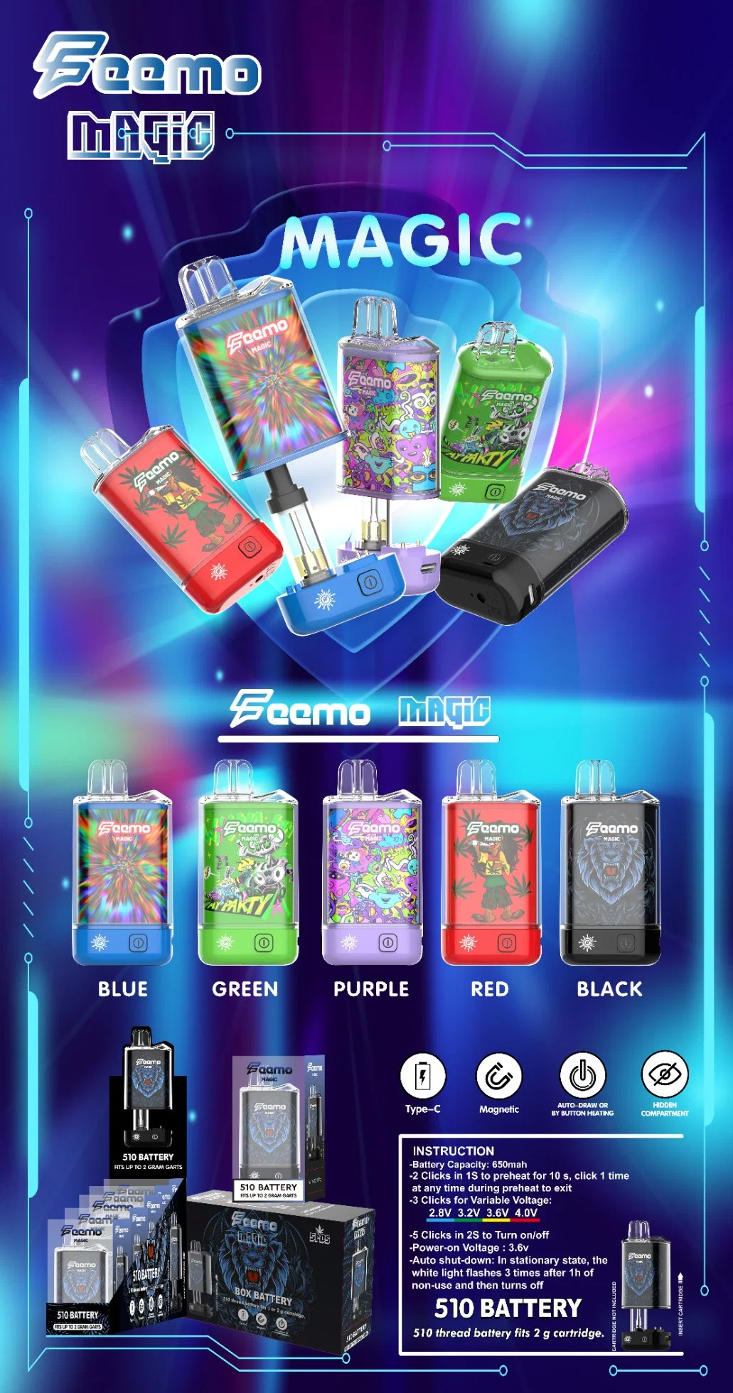 USA Wholesale Market Feemo Custom Logo Packaging 2ml Cartridge Atomizer Pod 510 Thread Rechargeable Battery Disposable Vape Mod for Thick Oil Vaping Kits 12000