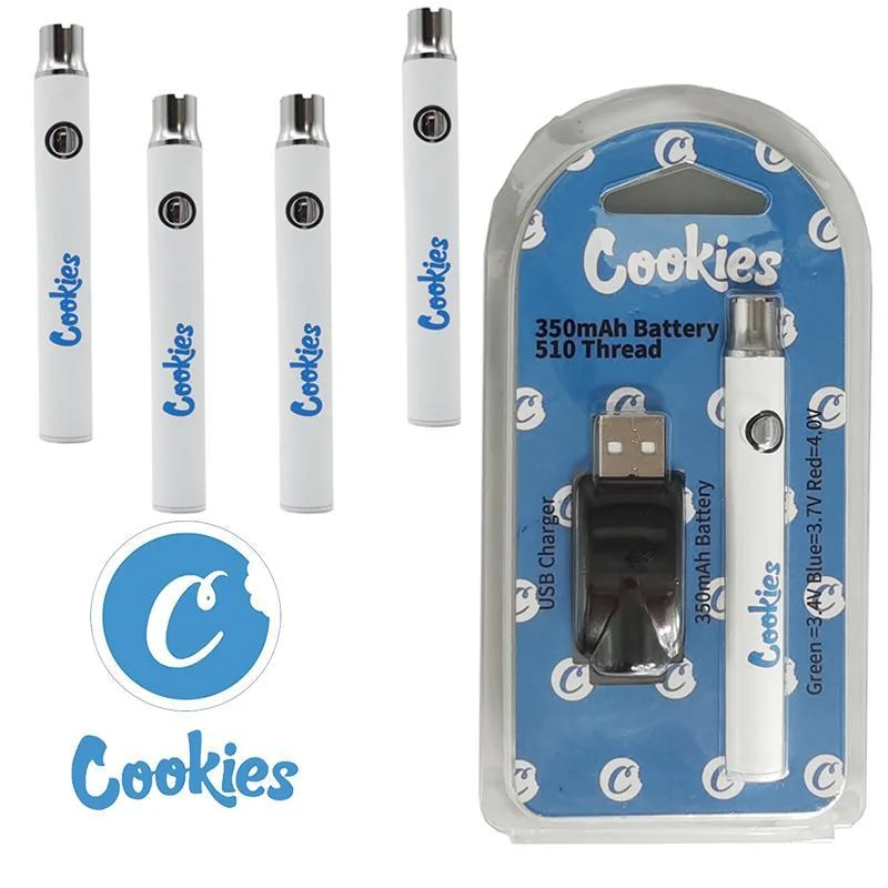 Cookies Battery Adjustable E Cigarette 510 Thread Baterries 350mAh Wax Vape Pens Cartridges VV Variable Voltage USB Cable Batteries for Oil Pen