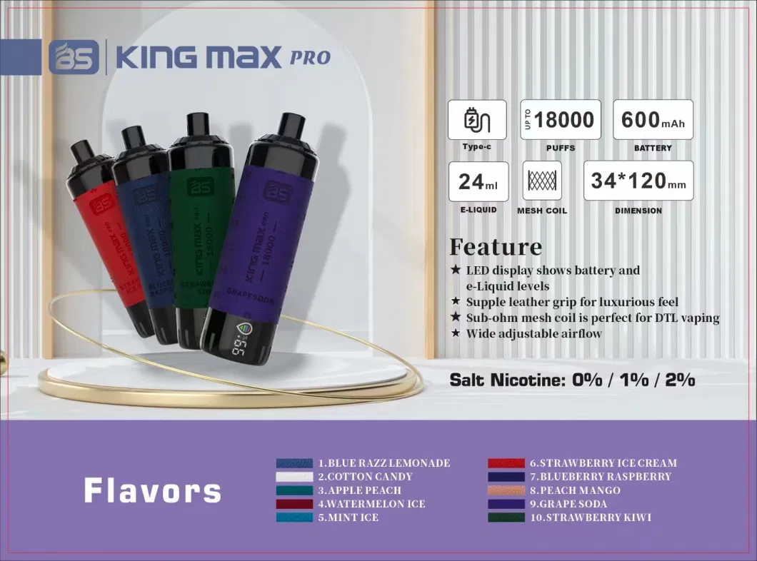 2024 New Arrival Disposable Vape King Max PRO 18000 Puffs Vaporizer LED Digital Display /E-Liquid Vape Pen