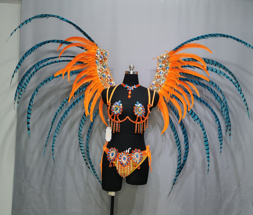 High Quality Handmade Samba Rio Carnival Wire Bra+Panty+Feather Headdress with Stone Sexy Belly Dancing Costume