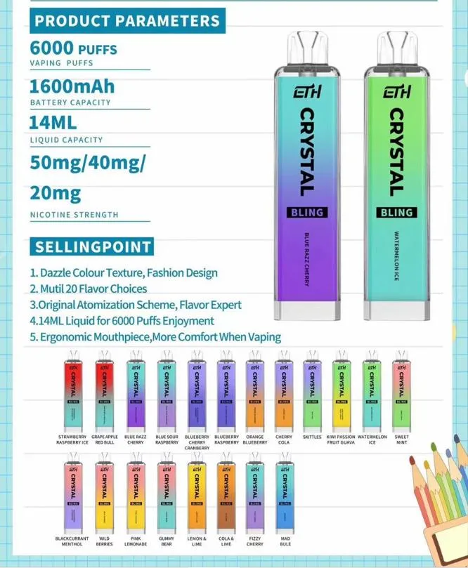 UK Holand Best Selling Disposable Vape Authentic Eth Crystal Bling 6000 Puffs V. S Elux Legend Geekvape Ske