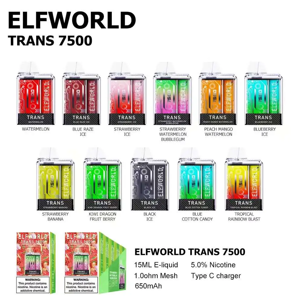 Elfworld Trans 7500puffs Disposable Vape Pod Rechargeable 15 Flavors E-Cigarette Atomizer