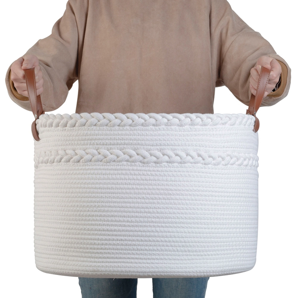 Dual-Braided Decorative Fashion Foldable Woven Laundry Cotton Rope Storage Basket with Leather Handles