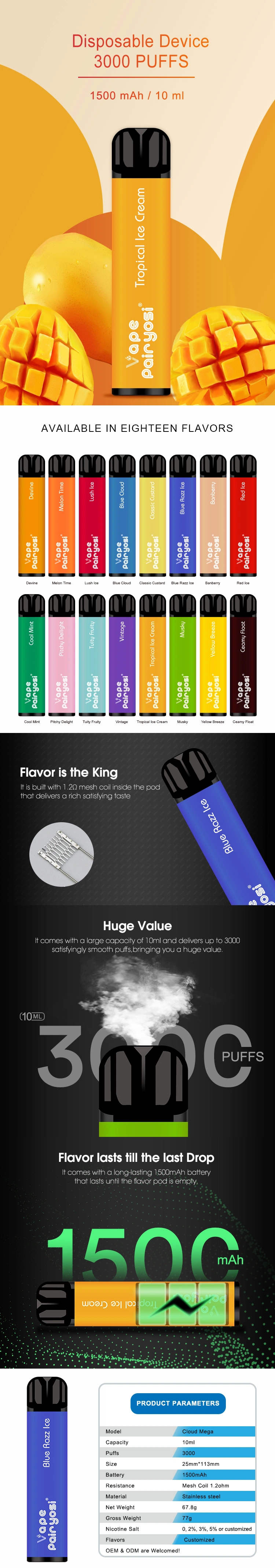 No Tobacco No Nicotine 3000 Puffs Square Disposable Vape