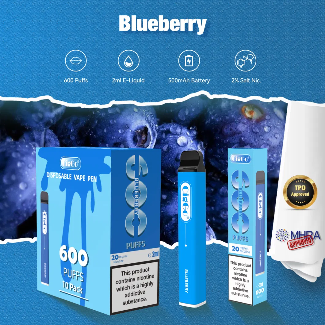 EU Hot Sale Factory Tpd Certificate Electronic Cigarette E Cigarette 600 Puffs Puff Bar Nicotine Fruit Flavor Disposable Vape Mesh Coil Wholesale I Vape