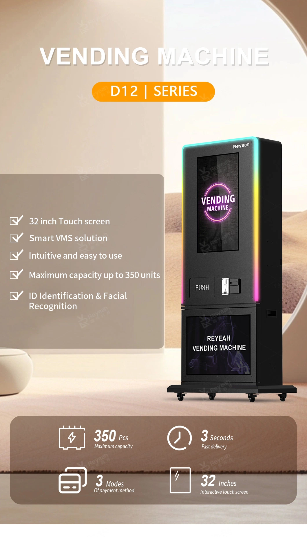 Reyeah New Design Stand up Vending Machine 32 Inch Touch Screen ID Card Reader Vape Vending Machine