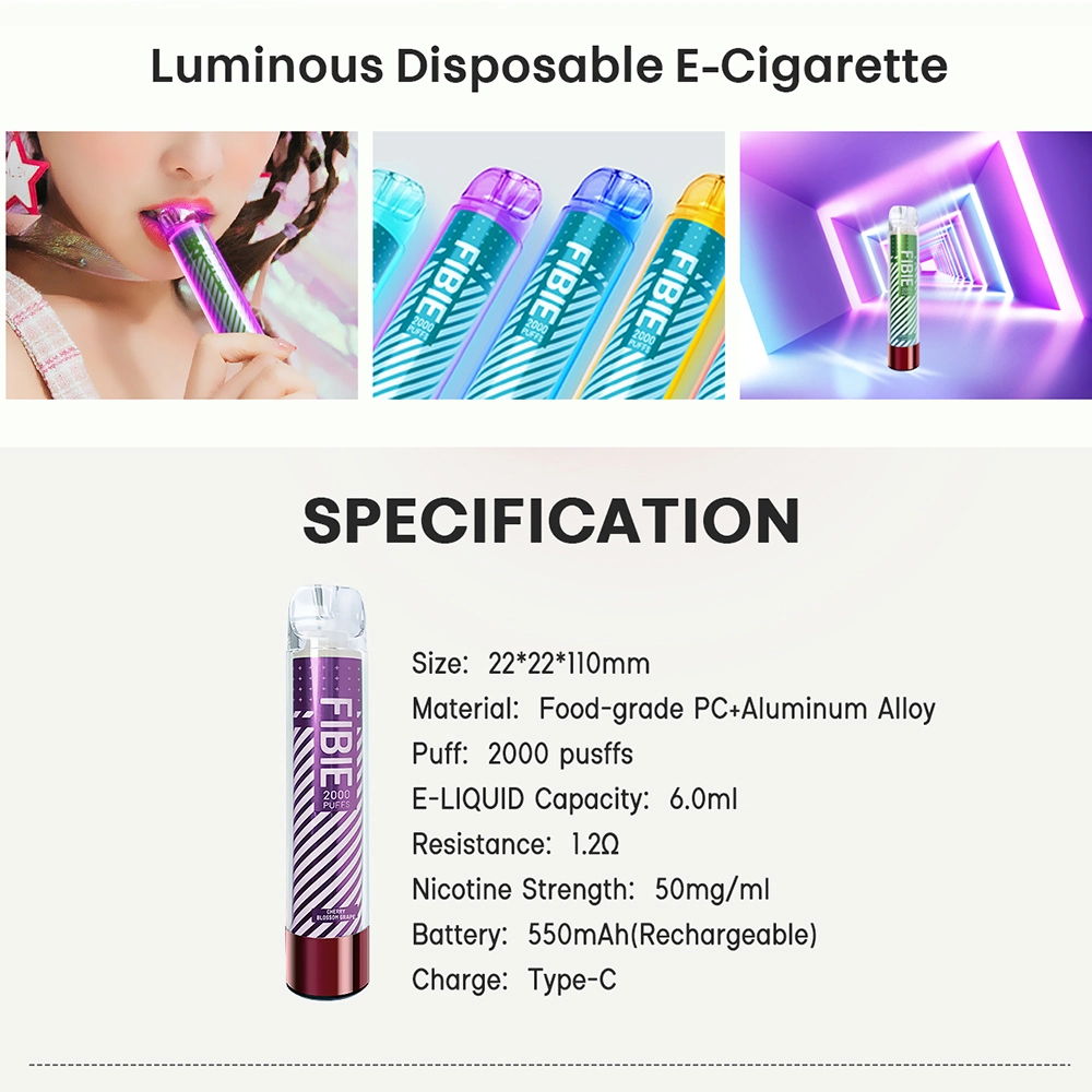 Fibie Glow 2000 Puffs Disposable Vaporizer Wholesale E Cigarette Crystal Lost Elf Mary Bars Vape Online E Shisha Flavor Hookah