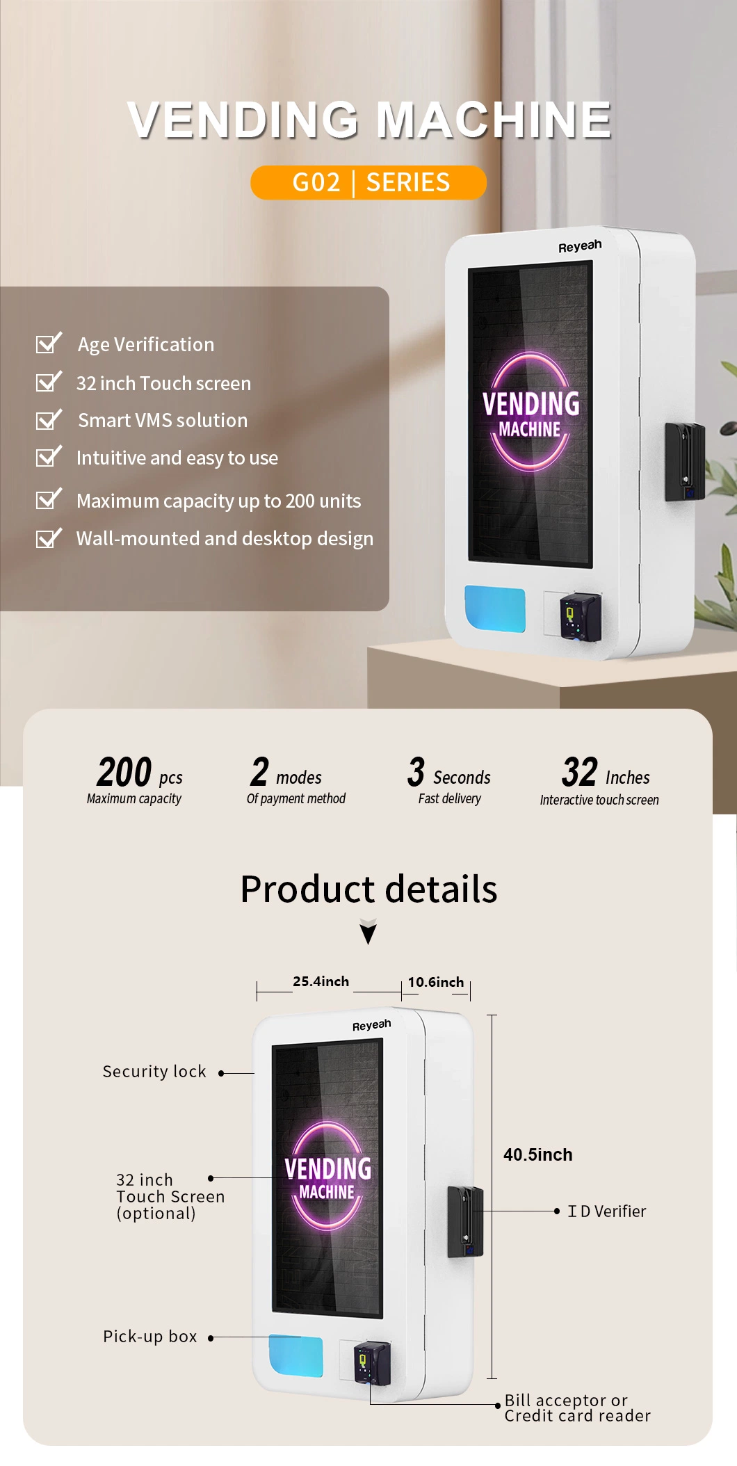 Reyeah Smart Tobacco Vending Machines Age Verification 32 Inch Touch Screen Vape Vending Machine