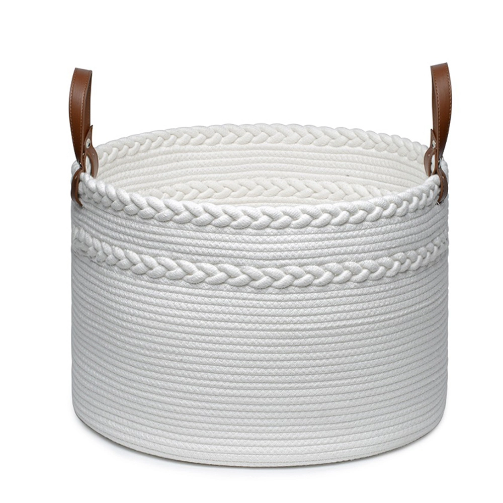 Dual-Braided Decorative Fashion Foldable Woven Laundry Cotton Rope Storage Basket with Leather Handles