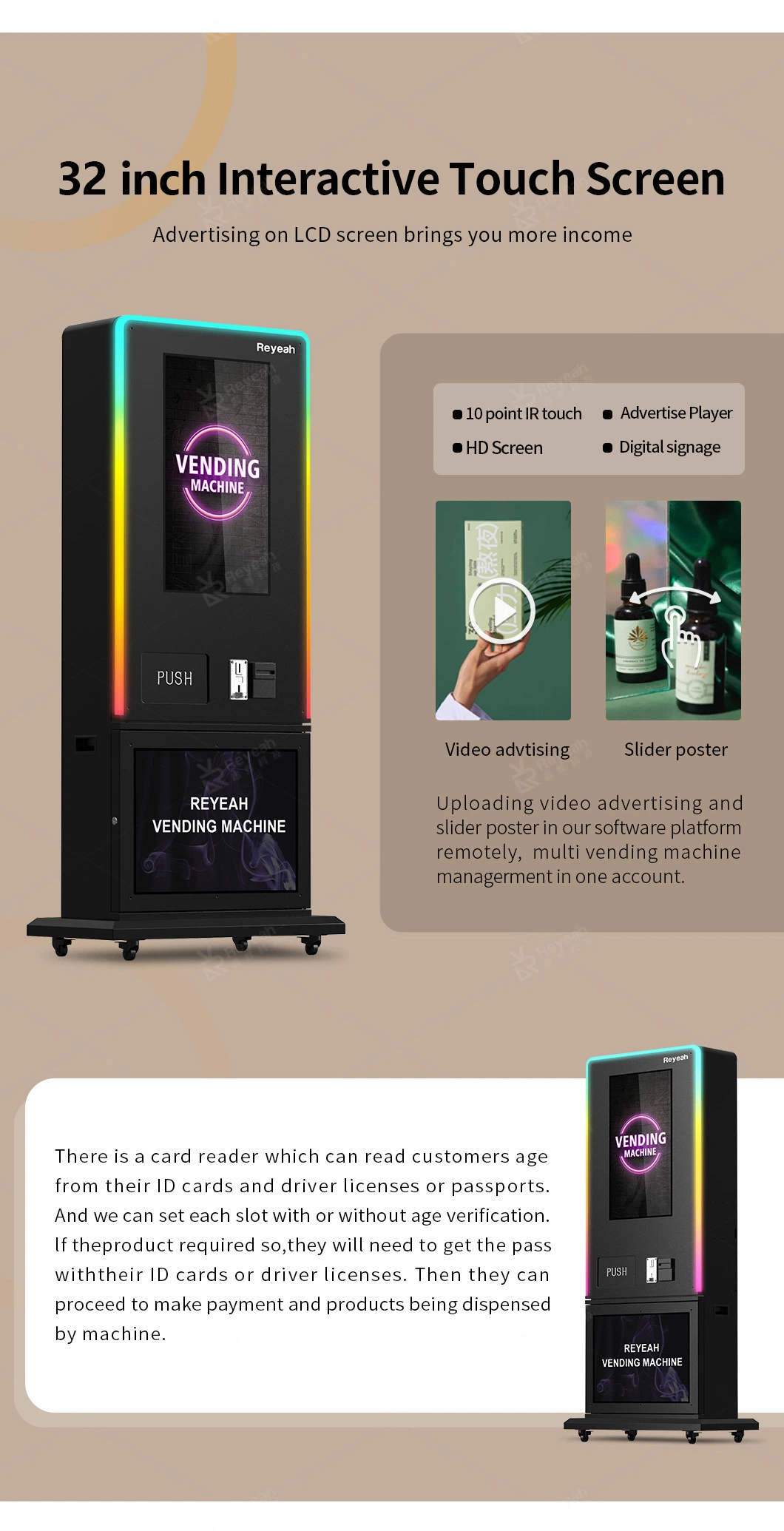 Reyeah New Design Stand up Vending Machine 32 Inch Touch Screen ID Card Reader Vape Vending Machine