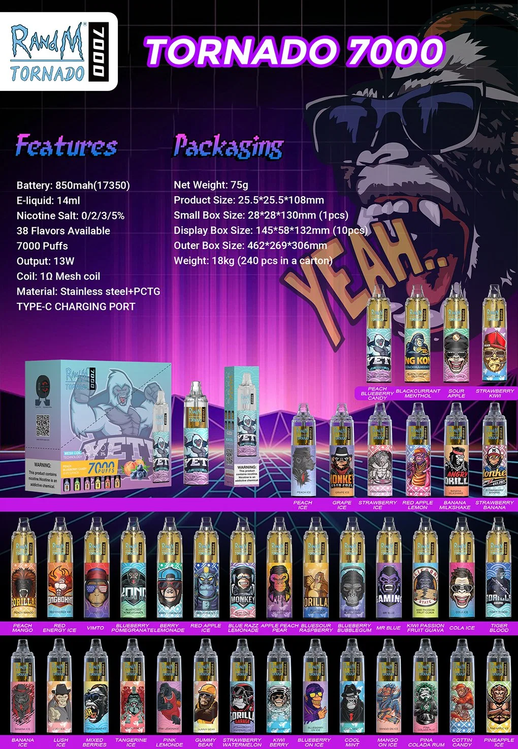 2022 Best Sale E-Cig Randm Tornado 7000 Puffs Disposable Vape