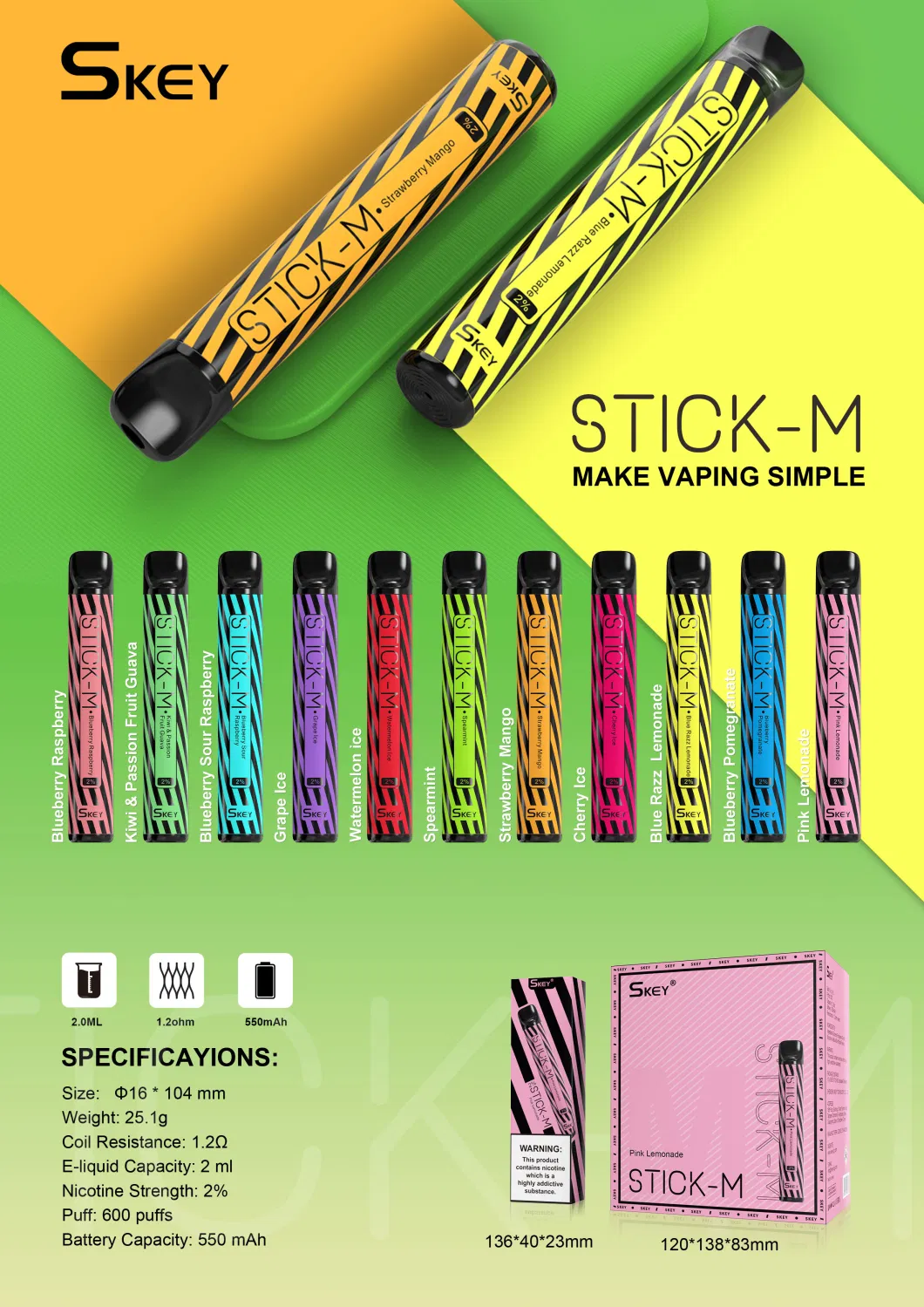 Factory Price OEM Elf Wholesale Disposable Vape Pen Stick-M 600 Puff Skey Cigarette Disposable Bar