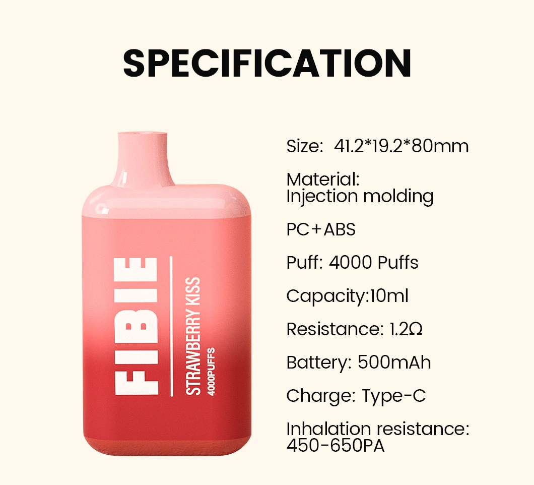 Fibie Brand 4000 Puff Disposable Wape 10ml E Liquid Caffeine Pod Vapes