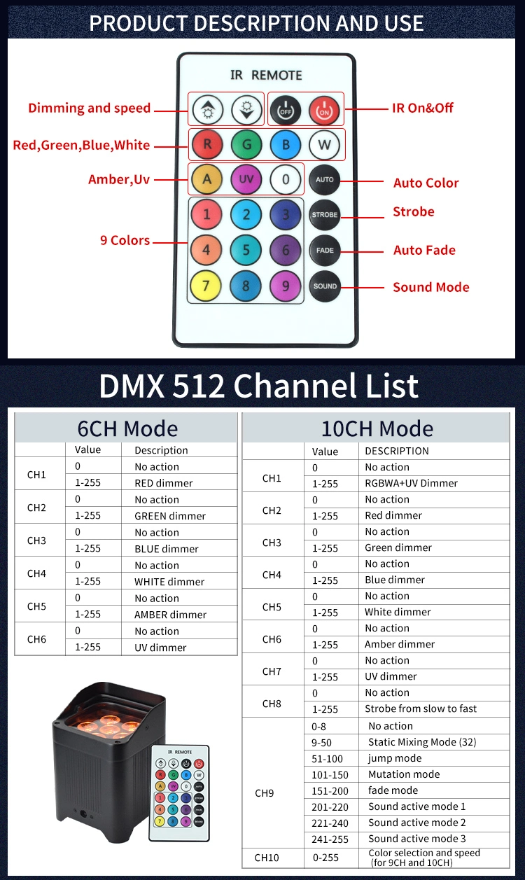 8PCS Stage Indoor DMX Wireless Battery Uplight RGBWA UV 6in1 LED up Light with Flightcase