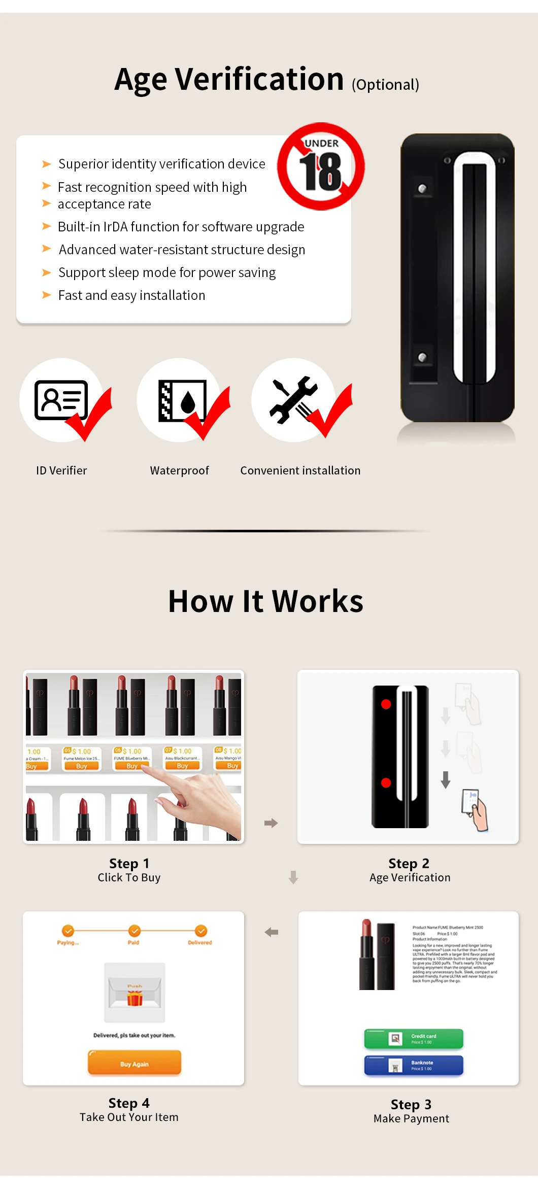 Reyeah Smart Tobacco Vending Machines Age Verification 32 Inch Touch Screen Vape Vending Machine