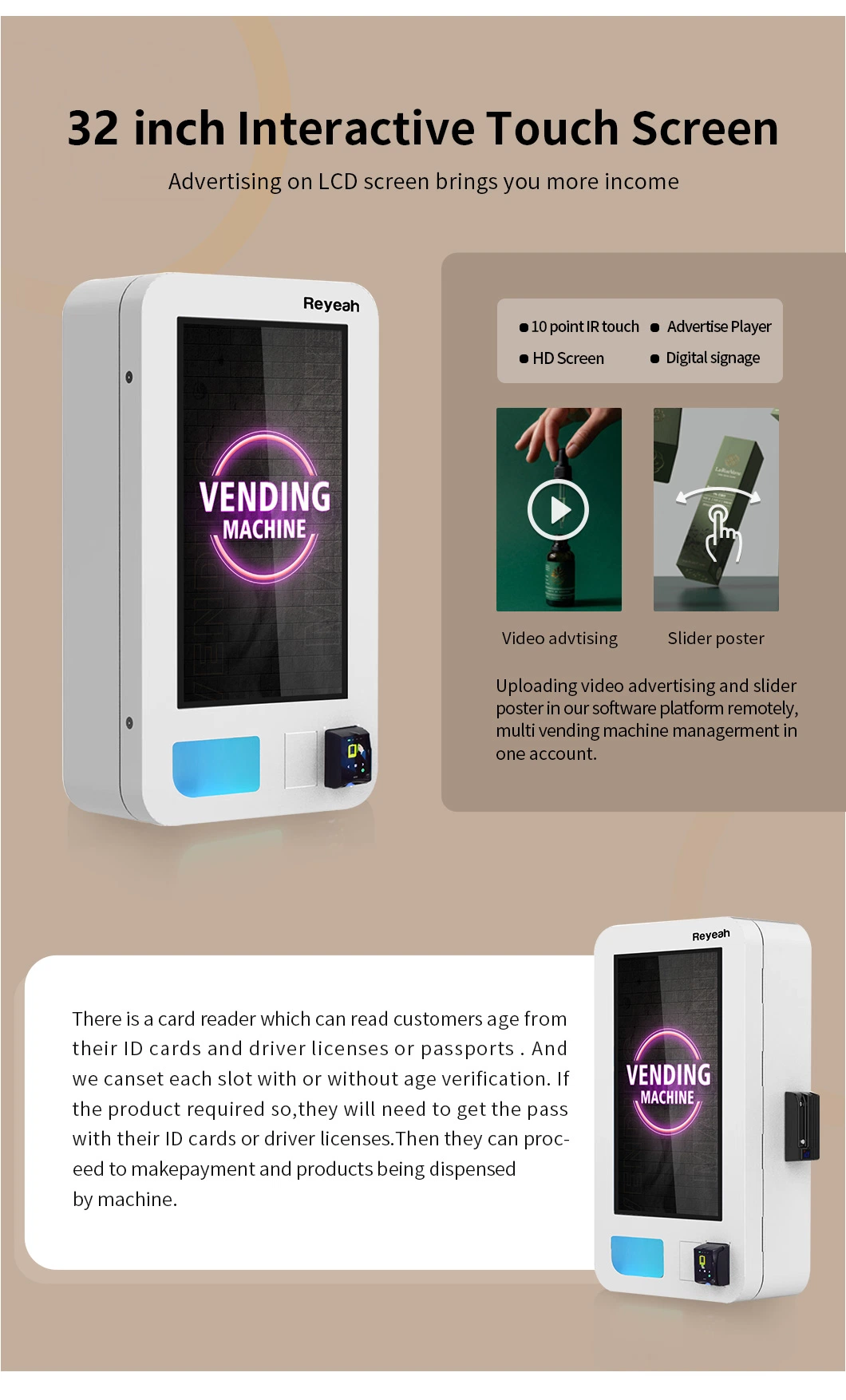 Reyeah Smart Tobacco Vending Machines Age Verification 32 Inch Touch Screen Vape Vending Machine