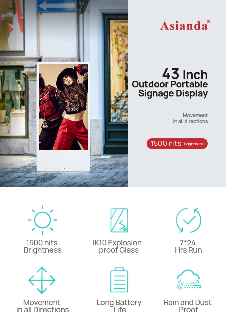 1500nits Sunlight Readable Stand Retail Store Advertising Battery-Powered Outdoor Digital Signage