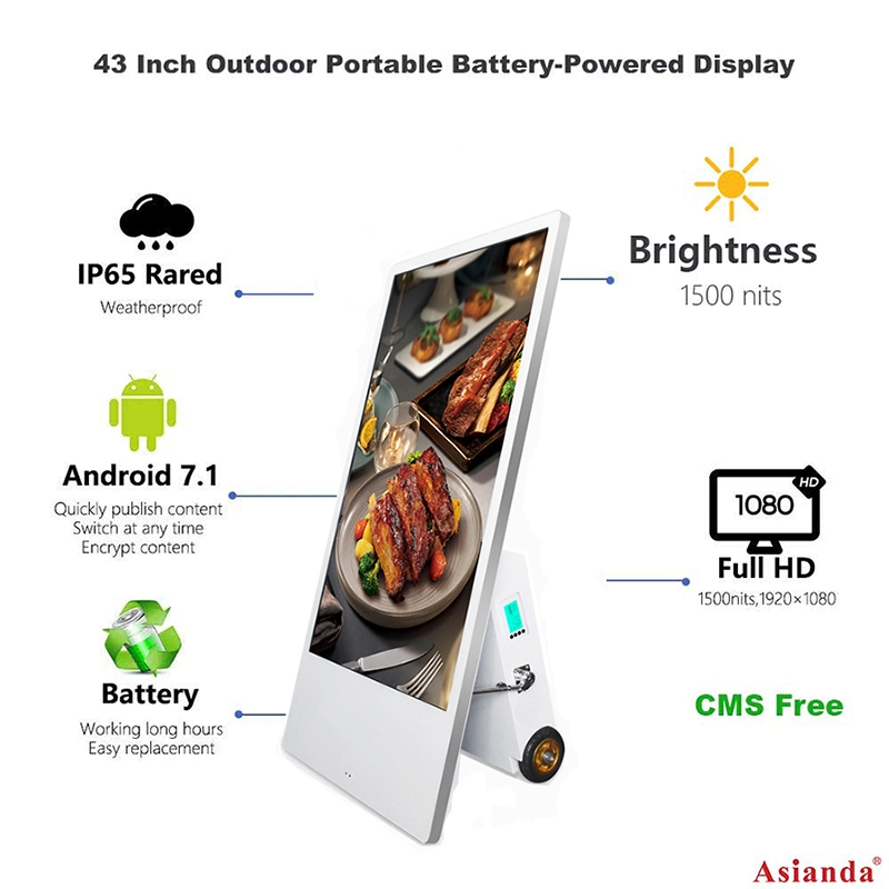 IP65 Waterproof 43inch Outdoor Moveable Advertising Player with Battery Powered Freestanding Outdoor LCD Digital Screen