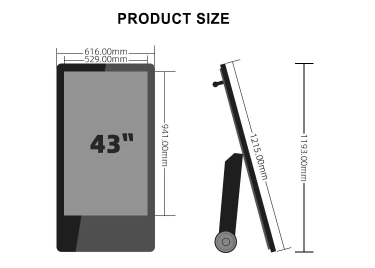 High Brightness 1500 Nits Standing LCD Display Signage Vertical 43 Inch Battery Powered Movable Advertising Screen