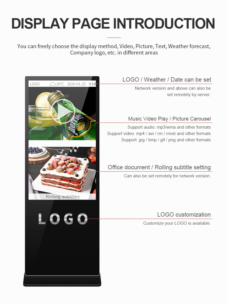 55 Inch Loops Autoplay Standing Advertising Display Media Players Touch Screens Digital Signage Advertising