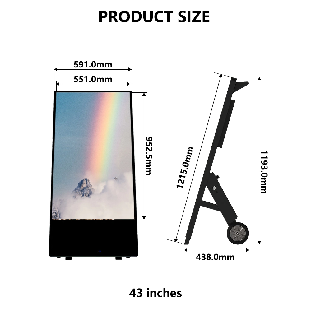 43 Inch Outdoor LCD Advertising Display Rechargeable Digital Signage Movable Portable Ad Player with Battery-Powered