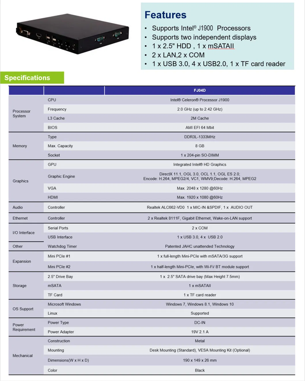 Fanless Small System with Intel Celeron CPU Coumputer for Digital Signage Display