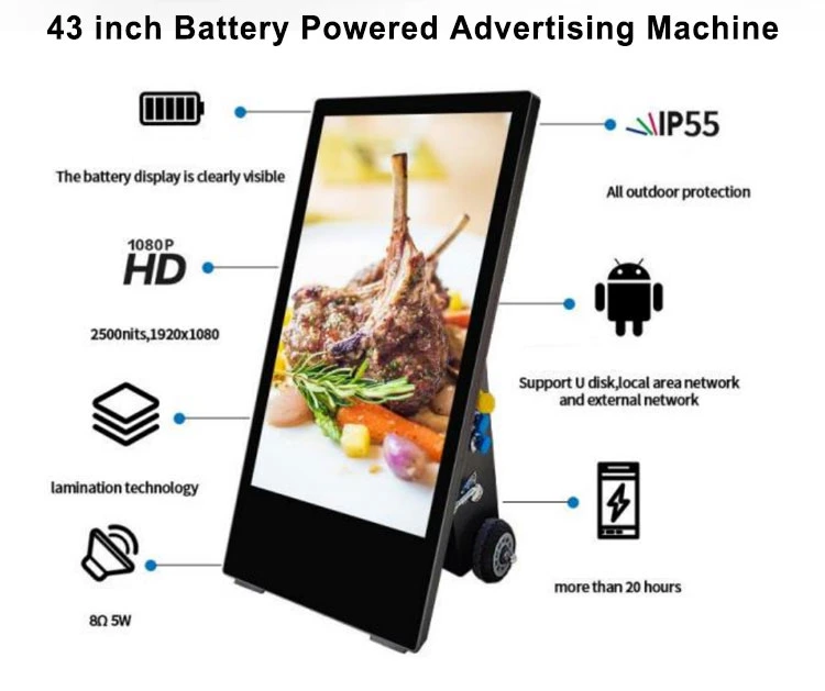 High Brightness 1500 Nits Standing LCD Display Signage Vertical 43 Inch Battery Powered Movable Advertising Screen