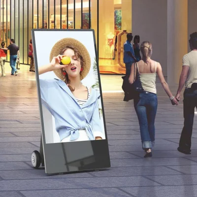 Portátil de 43 pulgadas Digital Signage Outdoor con ruedas portátil alimentado por batería de alto brillo de la máquina de visualización de publicidad