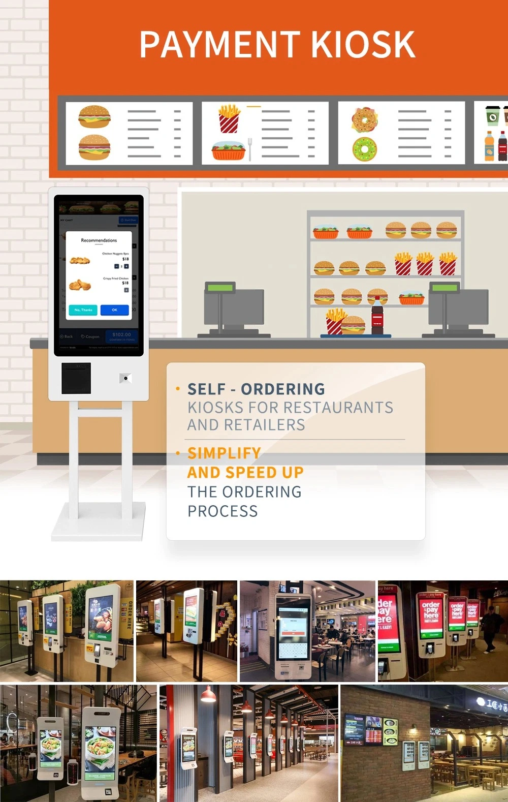 Restaurant Automation Order Ordering System 23.8inch Touch Screen Selfservice Payment Kiosk