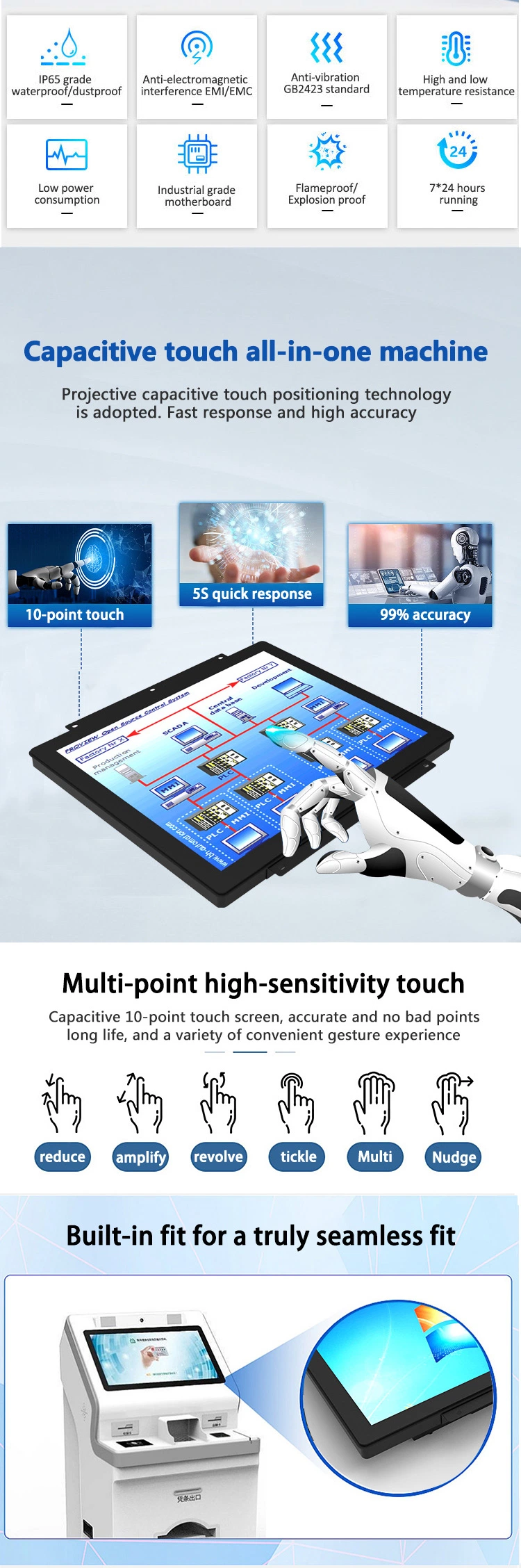 15.6 Inch 1920*1080 10 Points Capacitive Touch Screen Panel PC Embedded Computer Wall Mounted All in One for Kiosk