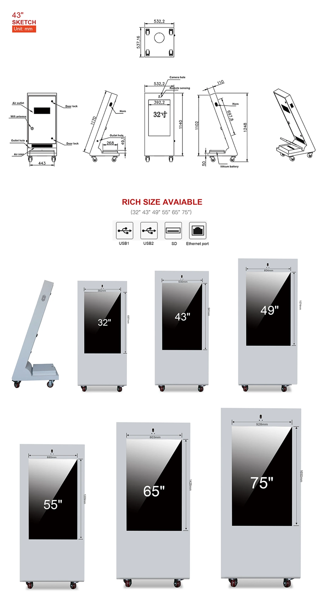 43 Inch Kiosk Display Stand Digital Signage Portable Outdoor Digital Signage with Battery LCD Advertising Player