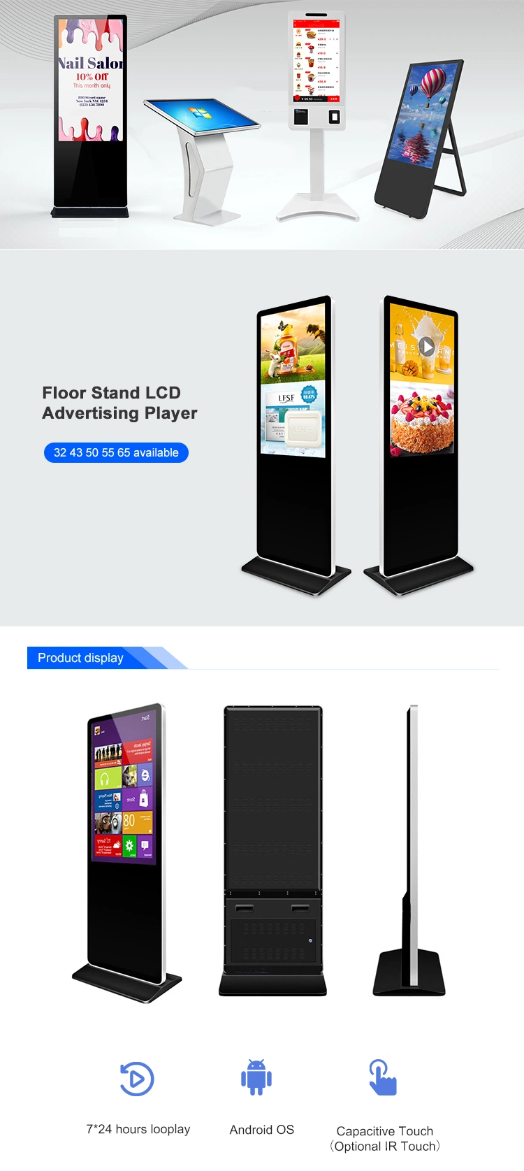 Floor Stand Digital Signage LCD Touch Screen Digital Signage Ad Display Kiosk Digital Signage 4K Vertical Advertising Machine