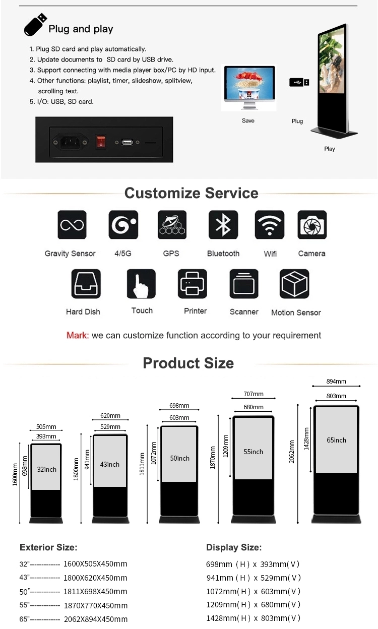 Koisk Touch Screen 27 32 43 49 55 Inch Kiosk Floor Standing Wall-Mounted Advertising Touch Screen Advertising Display LCD Advertising Kiosk Display