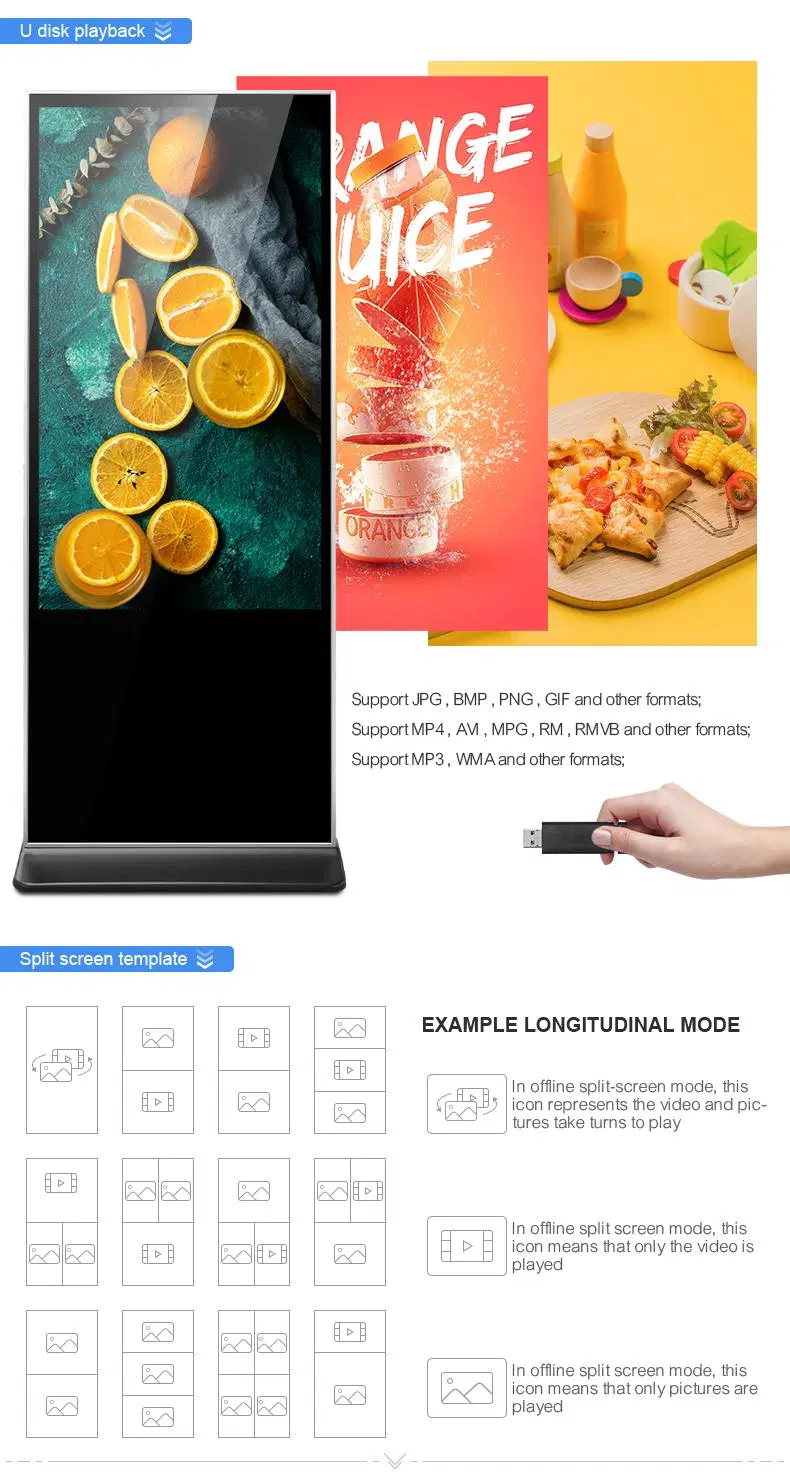 Plug and Play Standalone or Network Cms Software Floor Stand 32 43 50 55 Inch Indoor LCD Digital Signage