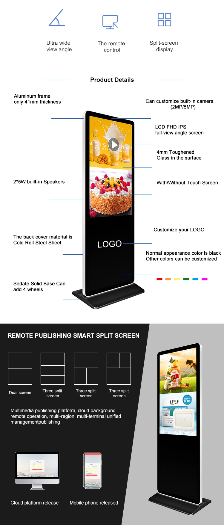 Floor Stand Digital Signage LCD Touch Screen Digital Signage Ad Display Kiosk Digital Signage 4K Vertical Advertising Machine