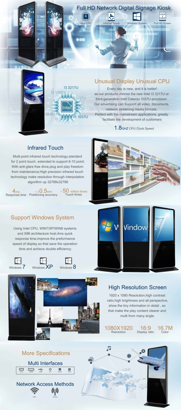 46 Inch Touch Screen Self Service Interactive Digital Signage Kiosk Windows 7