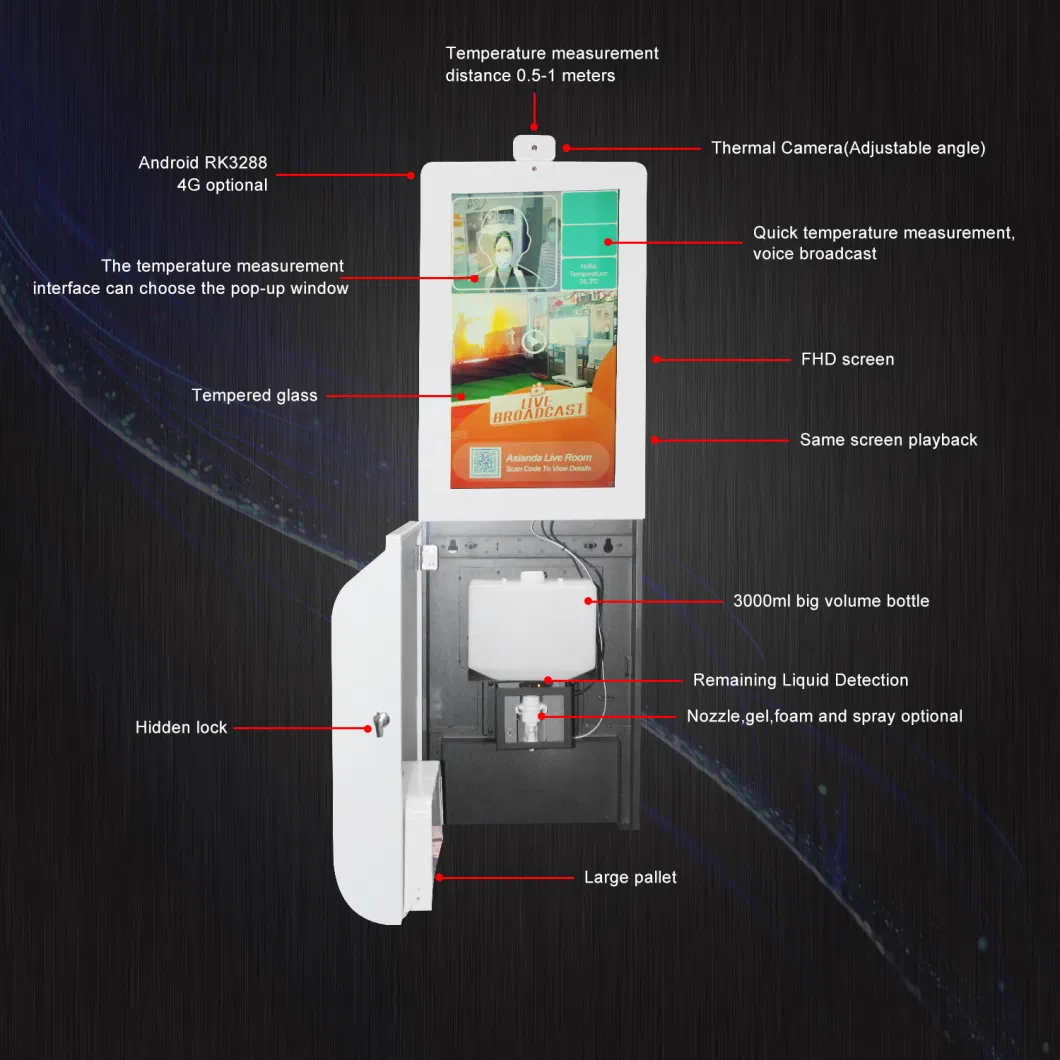 21.5 Inch LCD Display Sanitizer Kiosk Television with Face Recognition Ad Player and 3000 Ml Tank From Asianda