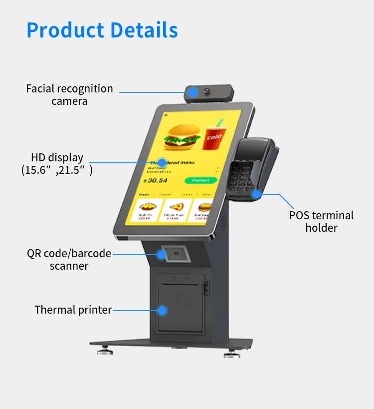 15.6 21.5 Inch Kiosk Ordering Capacitive Touch Screen Android Facial Recognition Camera Countertop Free Standing Touch Kiosk Restaurant Ordering Machine