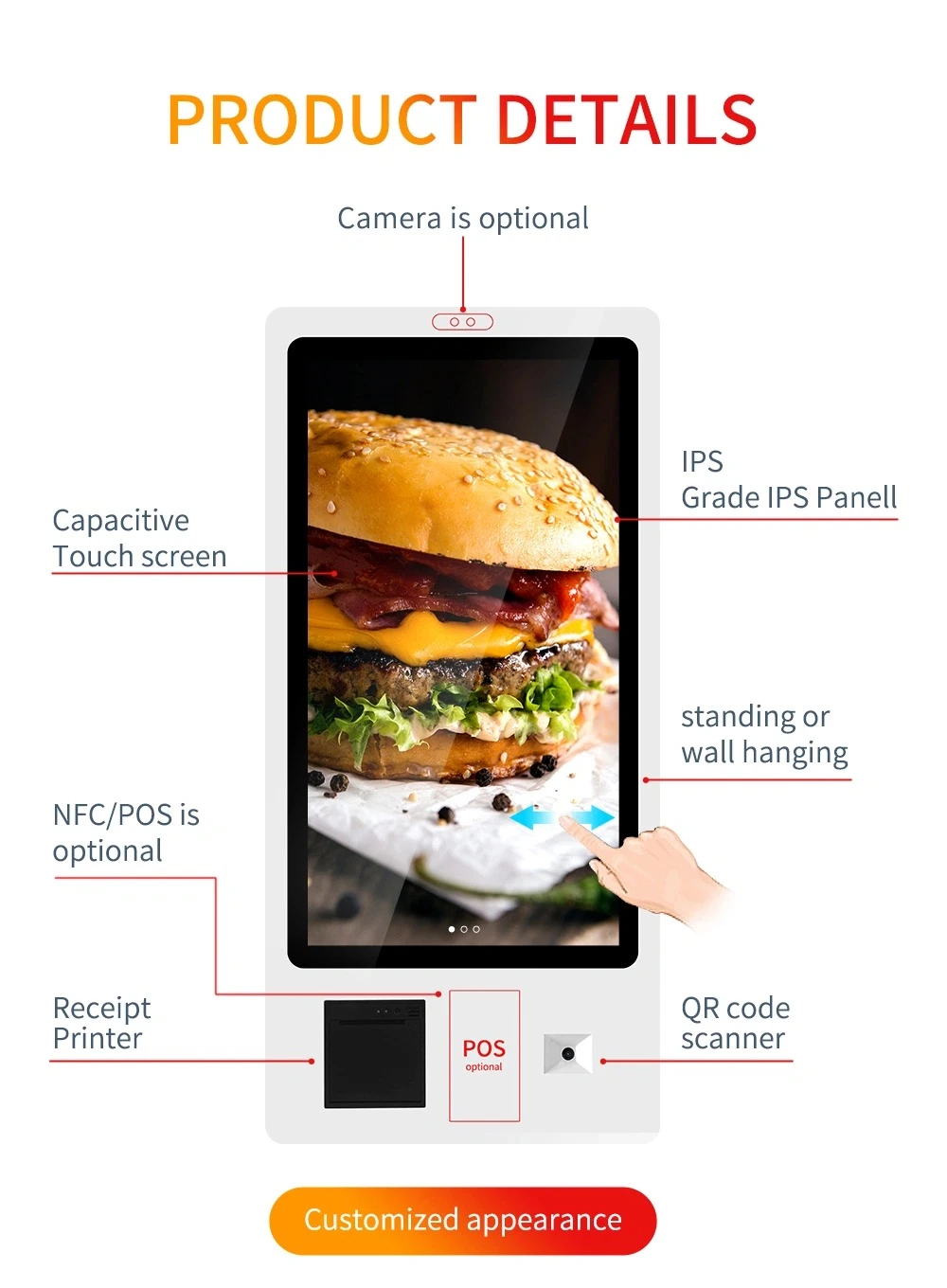 Restaurant Automation Order Ordering System 23.8inch Touch Screen Selfservice Payment Kiosk