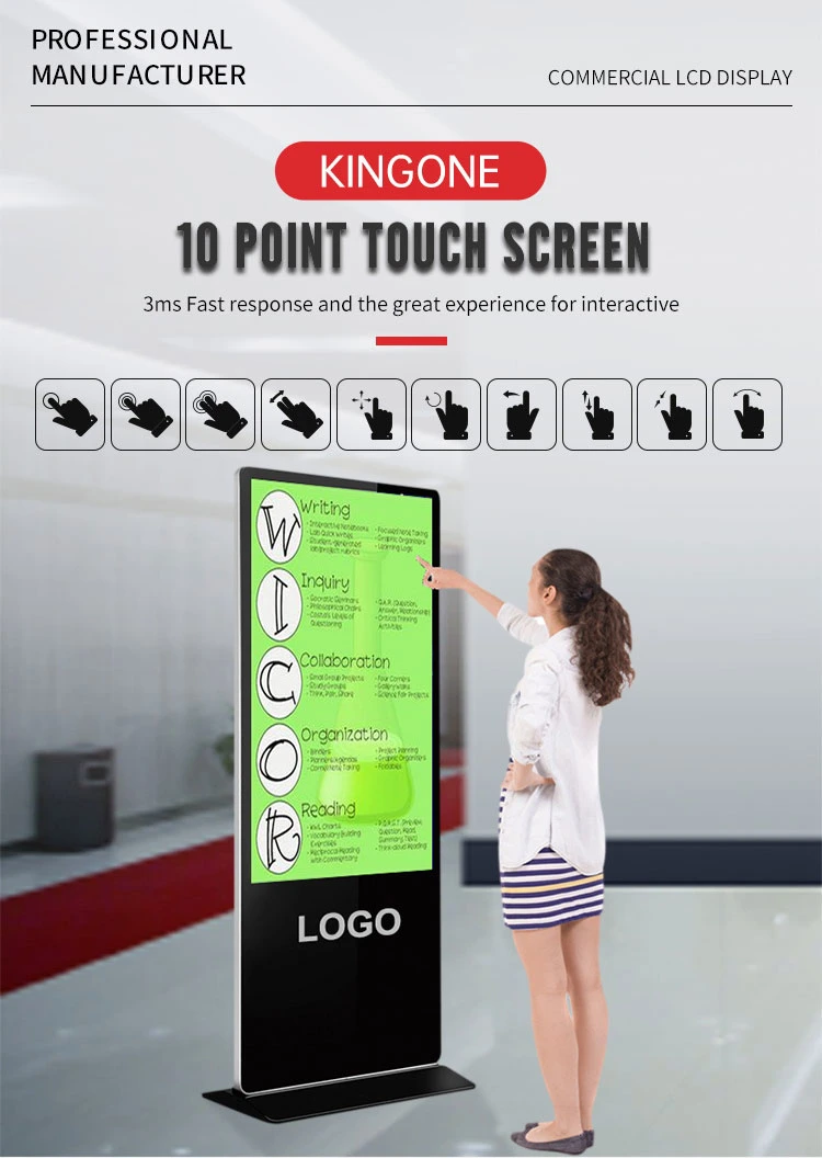 43 55 65 Inch Indoor Floor Stand Digital Signage Totem Video Player Touch Screen TV Vertical Interactive LCD Advertising Kiosk Display for Shopping Mall