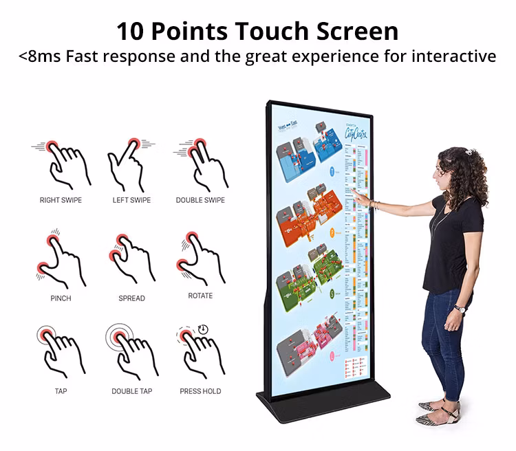 Kingone 85 Inch Full Screen Floor Stand Digital Signage Android Advertising Player Poster Touch Screen LCD Display Kiosk