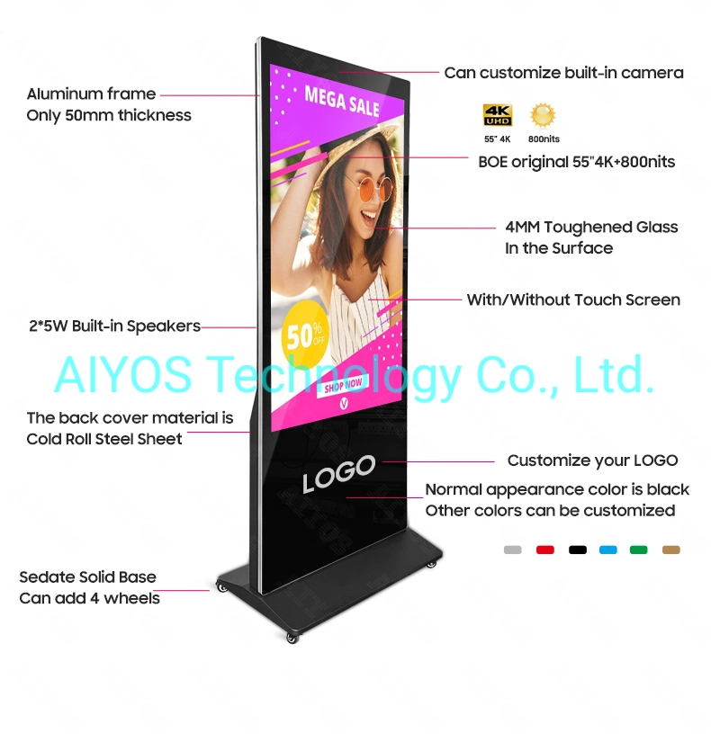 Floor Stand High Lighted 55 Inch 4K 4GB+64GB Android 11 WiFi LCD Advertising Player Vertical Totem Digital Signage Display Kiosk