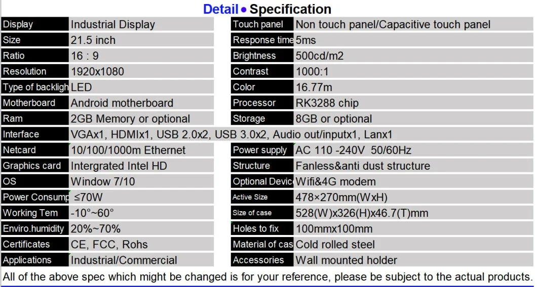 13.3~27 Inch Indoor Use All in One Industrial Touchscreen Panel PC All-in-One Android Wall Hanging Touch Panel PC Windows Desktop Touch Screen Aio Kiosk