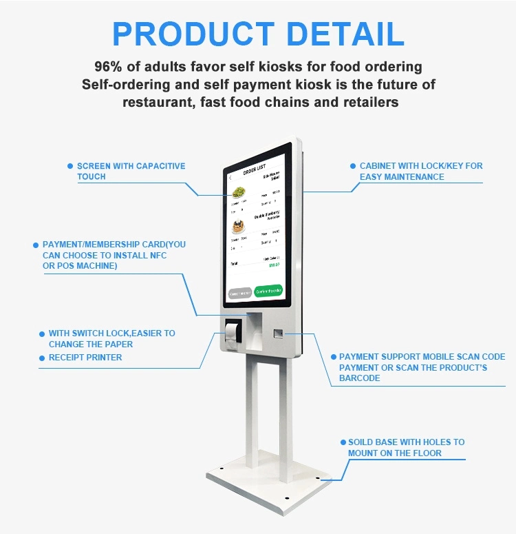 Customized POS System Floor Stand or Wall Mount or Hanging Food Ordering Kiosks Self Service Payment Kiosk Restaurant