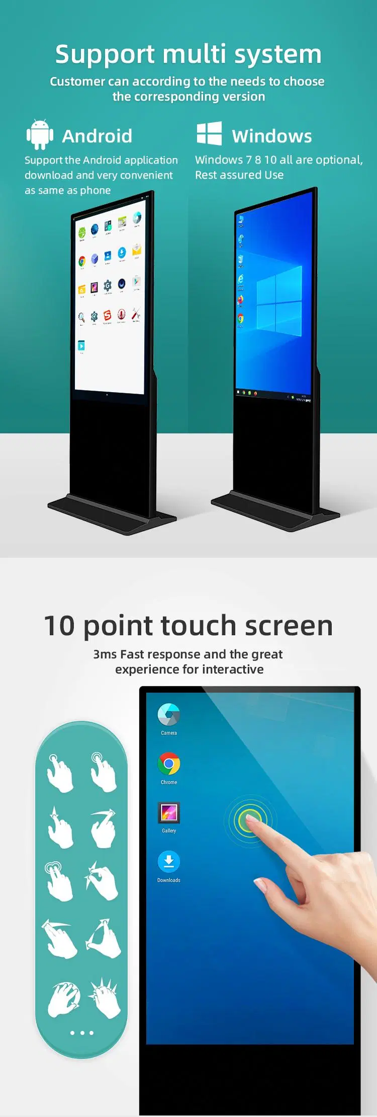 55 Inch Standalone Android Touch Screen Digital Signage with 1080P Wireless WiFi