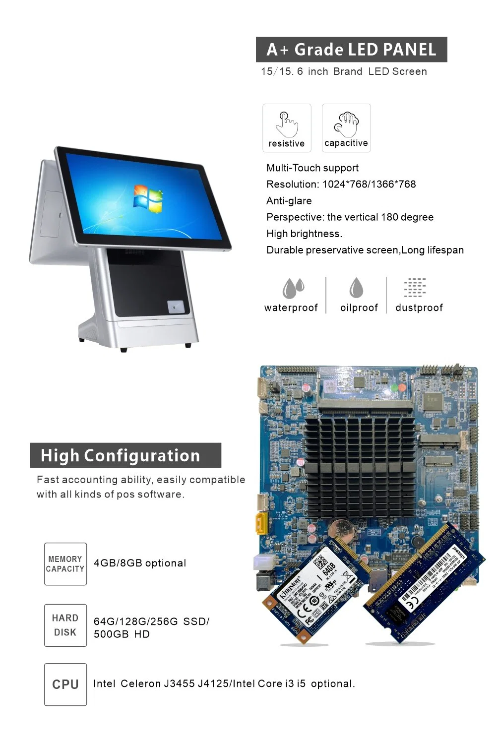 15inch Touch Screen Point of Sale System Epos with 12inch Dual Screen for Restaurant Ordering POS System