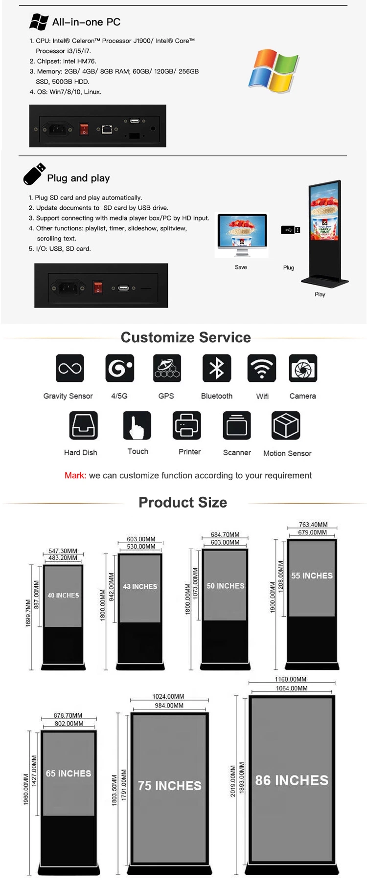 Screen Floor Standing Kiosk Commercial IR Indoor Digital Signage and Display Advertising LCD Touch Screen Outdoor 49 55 65 Inch