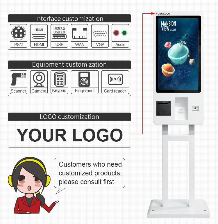 Qr Code Scan 23.6 27 32 Inch Touch Screen POS System Restaurant Food Self Ordering Kiosk Machine for Sale