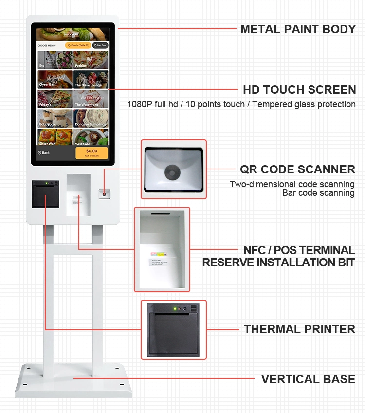 Qr Code Scan 23.6 27 32 Inch Touch Screen POS System Restaurant Food Self Ordering Kiosk Machine for Sale